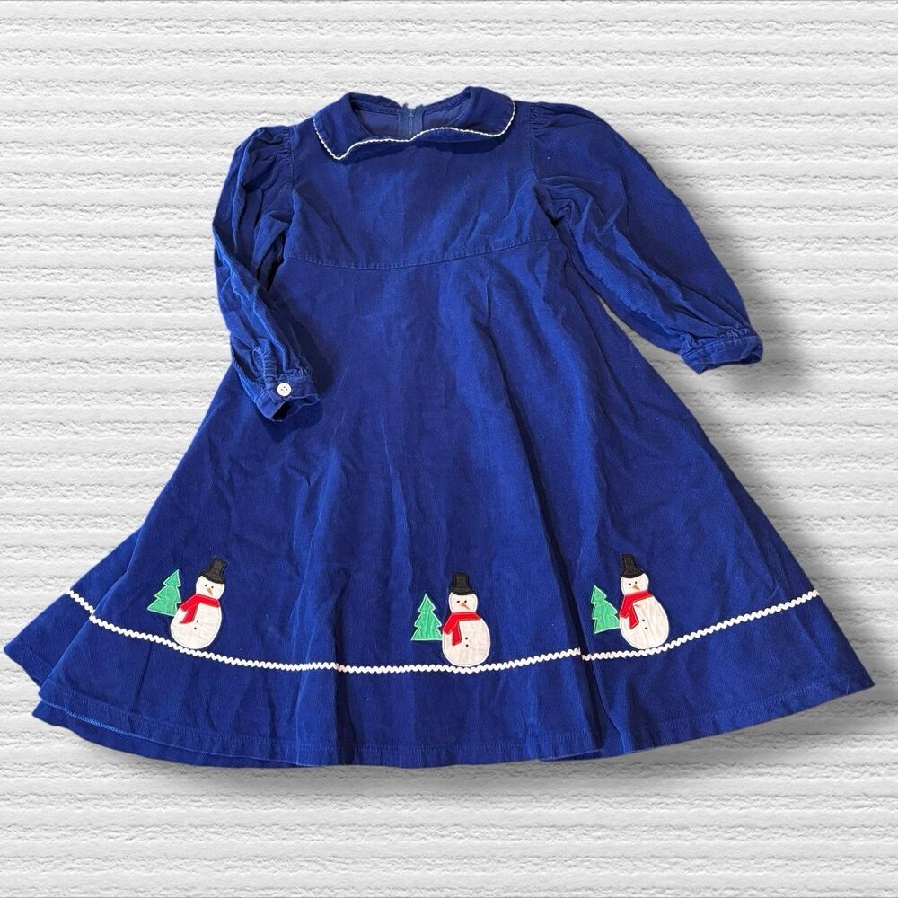 Beth Terrell by Johnston Blue Corduroy Snowman Applique Dress Size 4